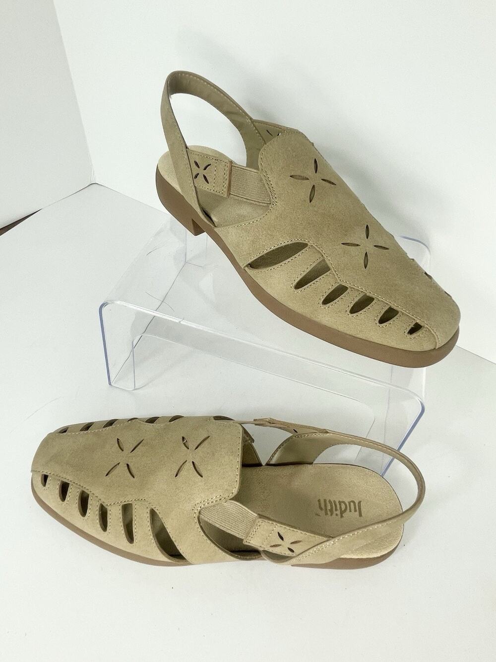 Judith Beige Sandals Size 9 Women's Closed Toe Stretch Strap Comfort Shoes EUC